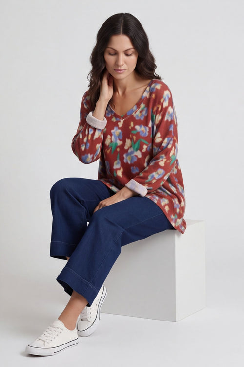 Kirsty Flower V-Neck Knit Top Wine – image 6 of 6