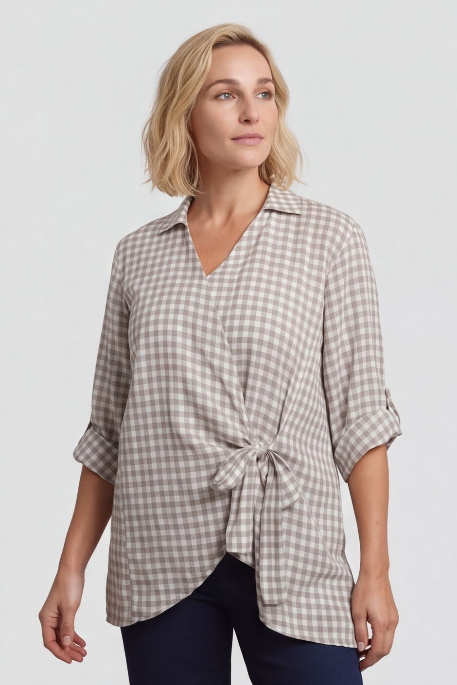 Shyla Gingham Wrap Cotton Top Mocha – image 4 of 4
