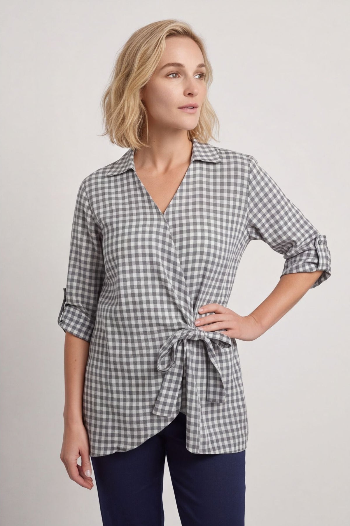 Shyla Gingham Wrap Cotton Top Mid Grey – image 6 of 6