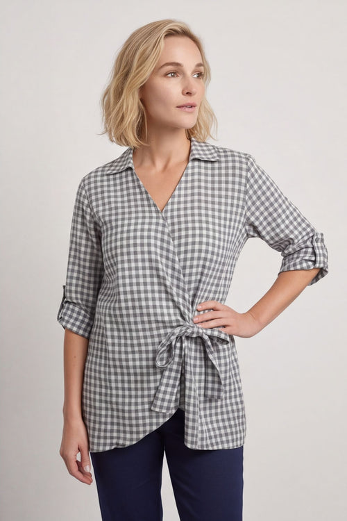 Shyla Gingham Wrap Cotton Top Mid Grey – image 6 of 6