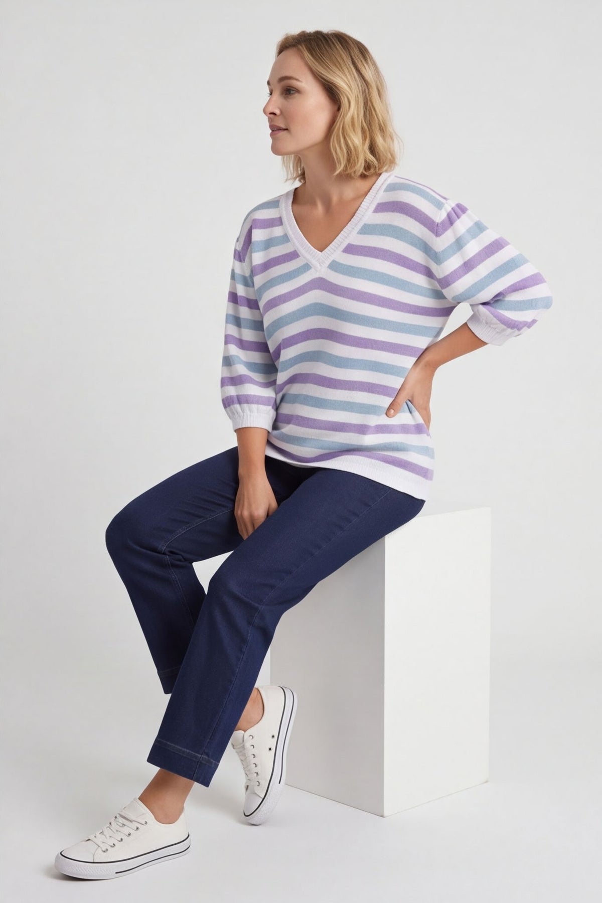 Gladys Stripe Knit Cotton Top Purple – image 6 of 6
