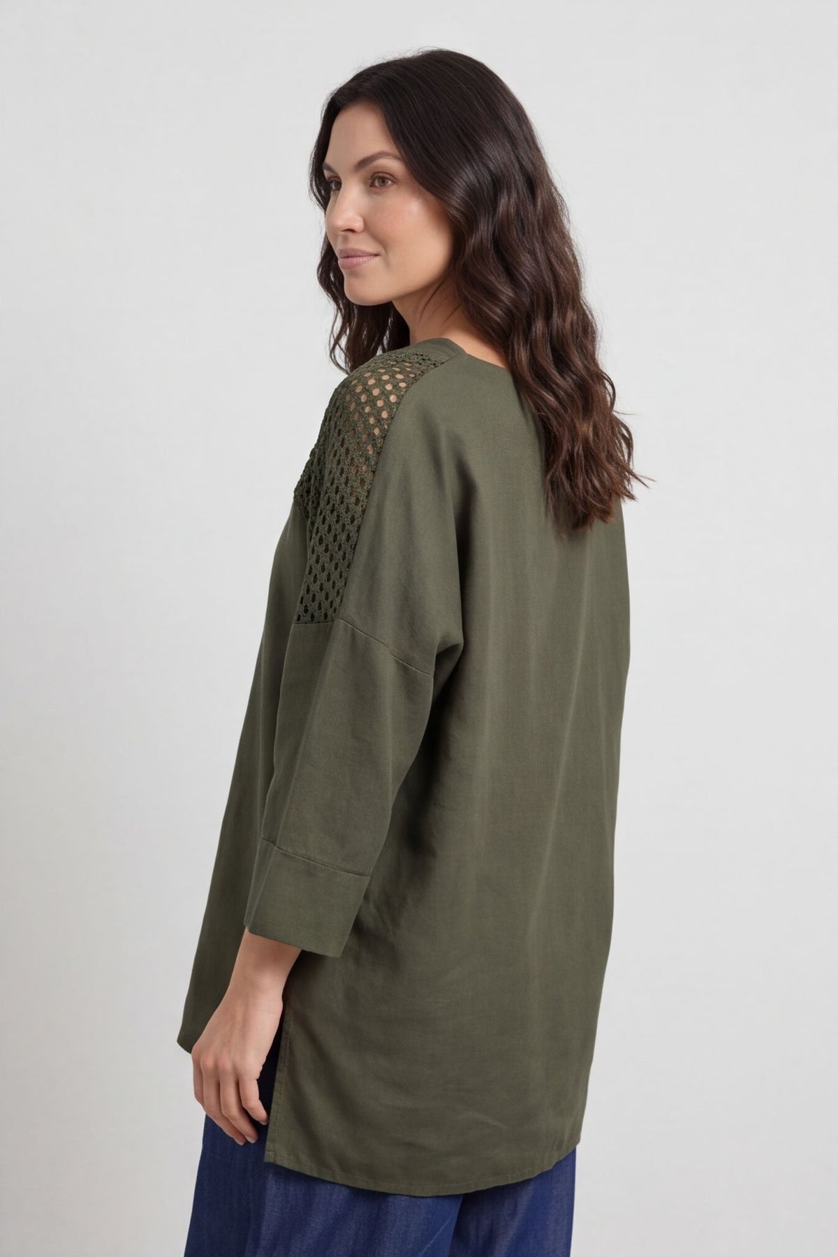 Natasha Crochet Shoulder Linen Top Dark Khaki – image 6 of 6