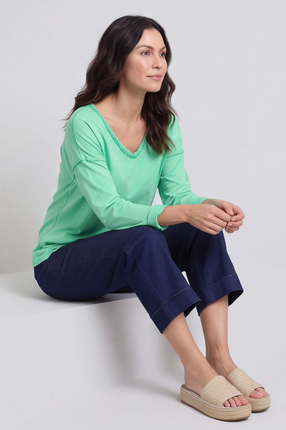 Kinsley Washed V-Neck Cotton Top Green – image 6 of 6