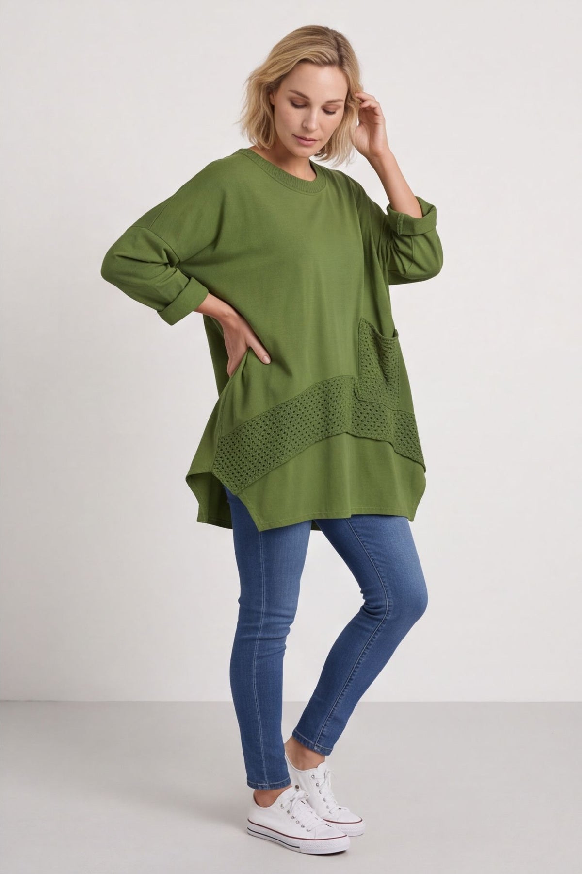 Mozelle Crochet Detail Cotton Top Olive – image 5 of 5