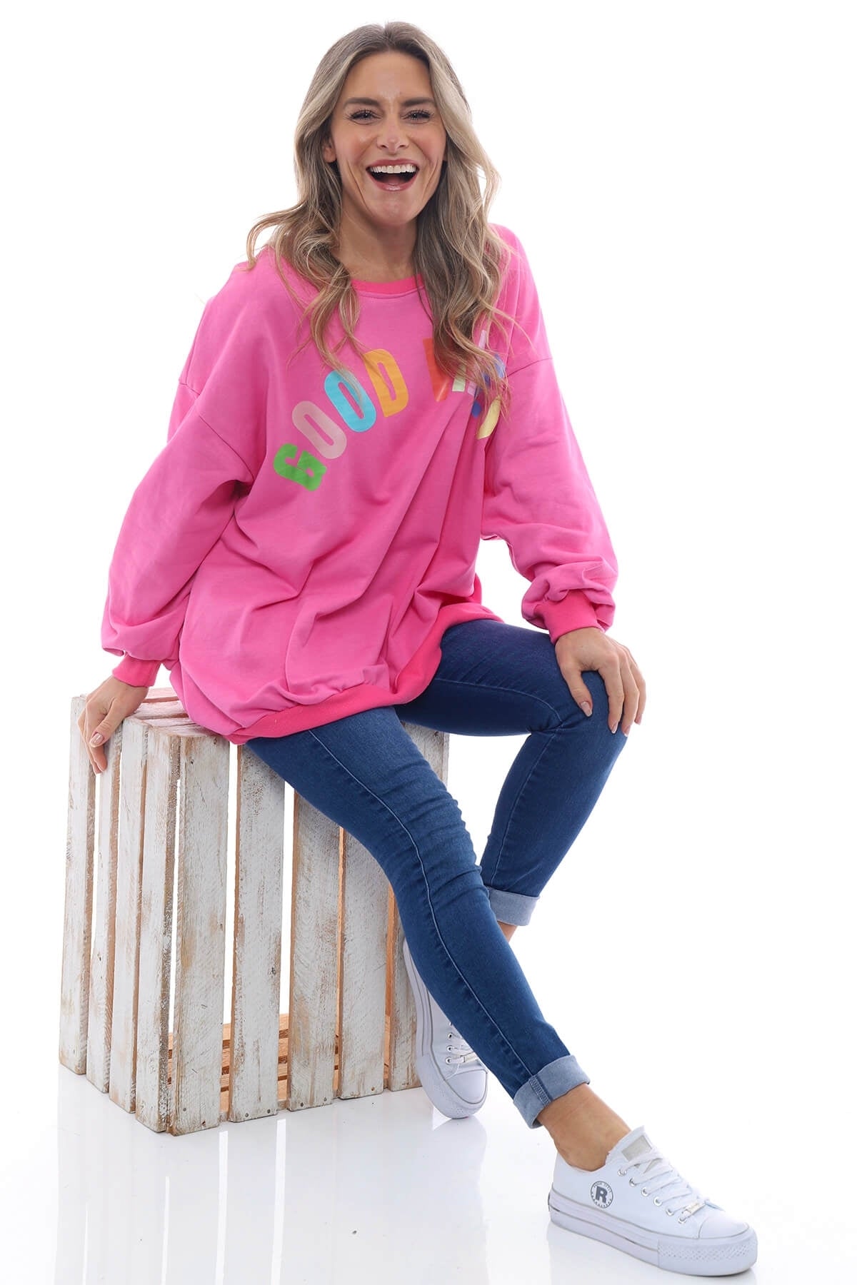 Good Vibes Cotton Sweat Top Fuchsia