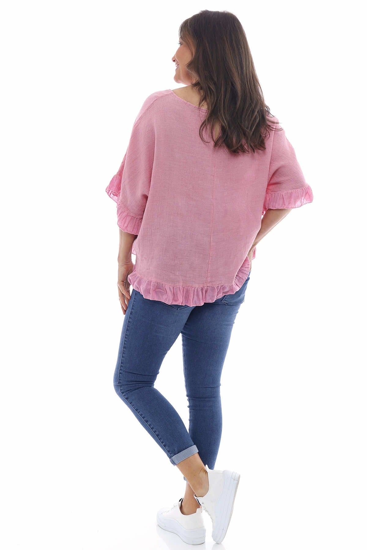 Lavinia Washed Frill Cotton Top Fuchsia